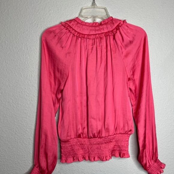 NEW Catherine Malandrino X-Small Silky Long Sleeve Ruffle Blouse Tango Pink - Picture 7 of 15